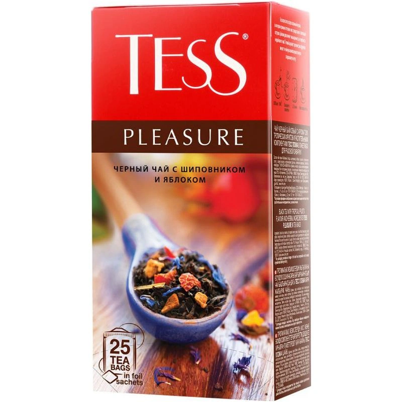Чай Tess Pleasure чёрный с шиповником и яблоком в пакетиках, 25х1.5г